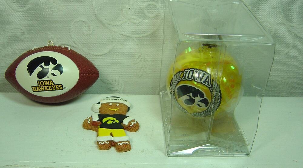 IOWA HAWKEYES ORNAMENT LOT-FOOTBALL, GINGERBREAD BOY & BALL ORNAMENT